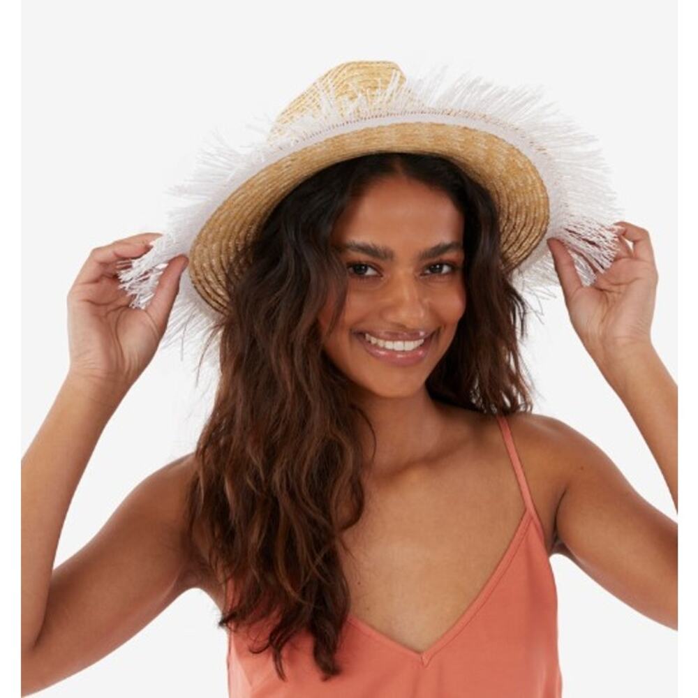 Kensie Wide Brim Straw Hat with Fringe – Beach Sun Hat – Natural – One Size–NWT